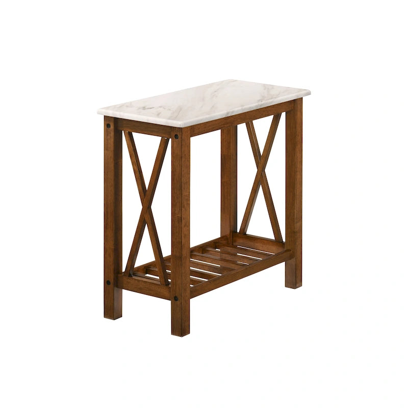 Table d'appoint de ferme gris foncé / blanc / chêne moyen avec plateau et étagère imitation marbre