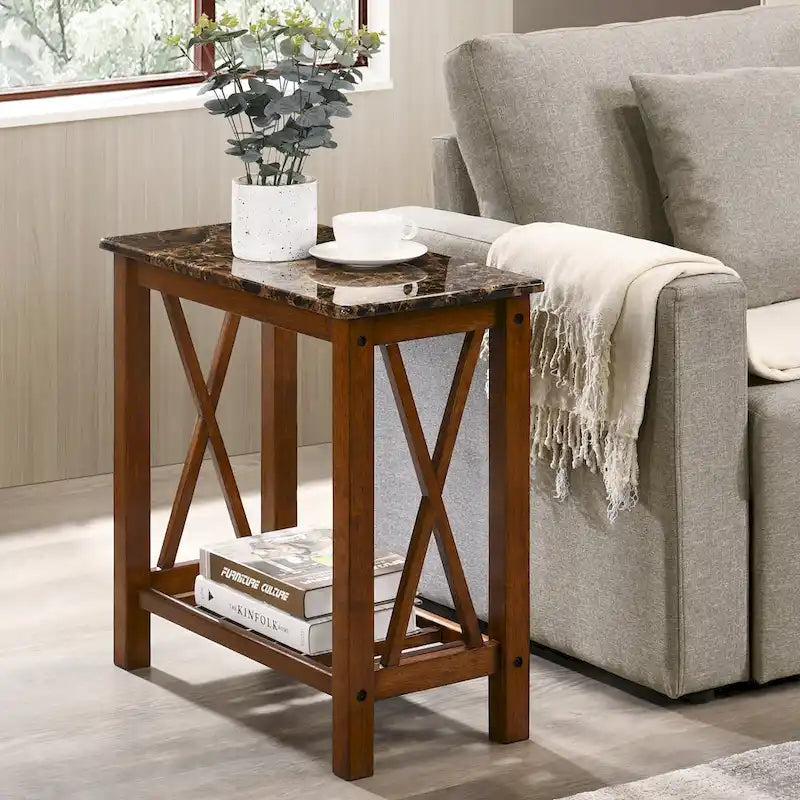 Table d'appoint de ferme gris foncé / blanc / chêne moyen avec plateau et étagère imitation marbre