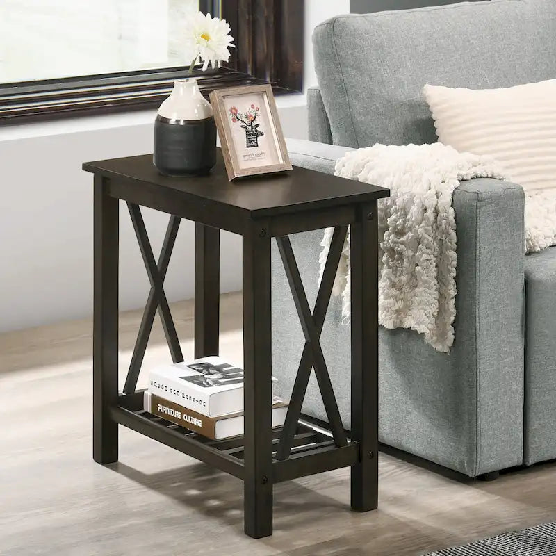 Table d'appoint de ferme gris foncé / blanc / chêne moyen avec plateau et étagère imitation marbre