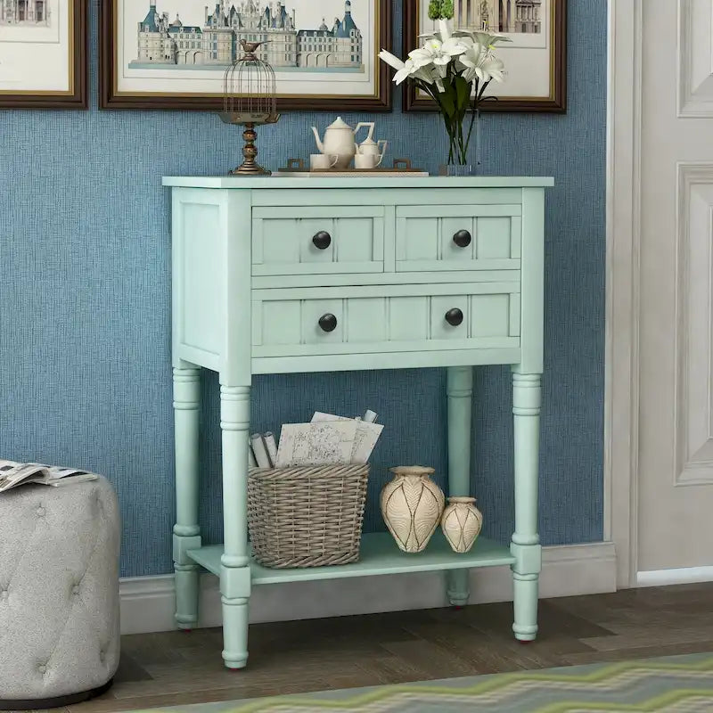 Console étroite Rétro Bleu / Expresso / Gris Lavé / Bleu Marine / Blanc Ivoire avec 3 tiroirs et étagère