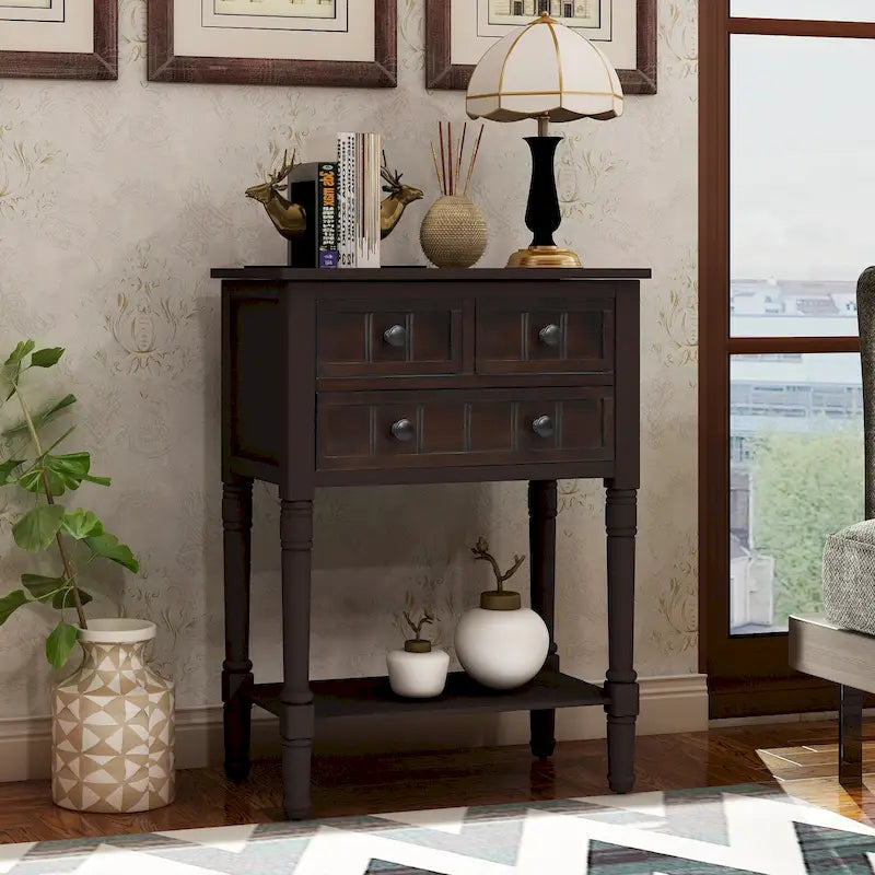 Console étroite Rétro Bleu / Expresso / Gris Lavé / Bleu Marine / Blanc Ivoire avec 3 tiroirs et étagère