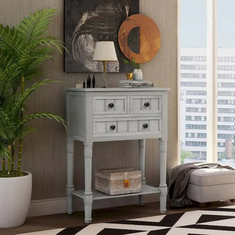 Console étroite Rétro Bleu / Expresso / Gris Lavé / Bleu Marine / Blanc Ivoire avec 3 tiroirs et étagère