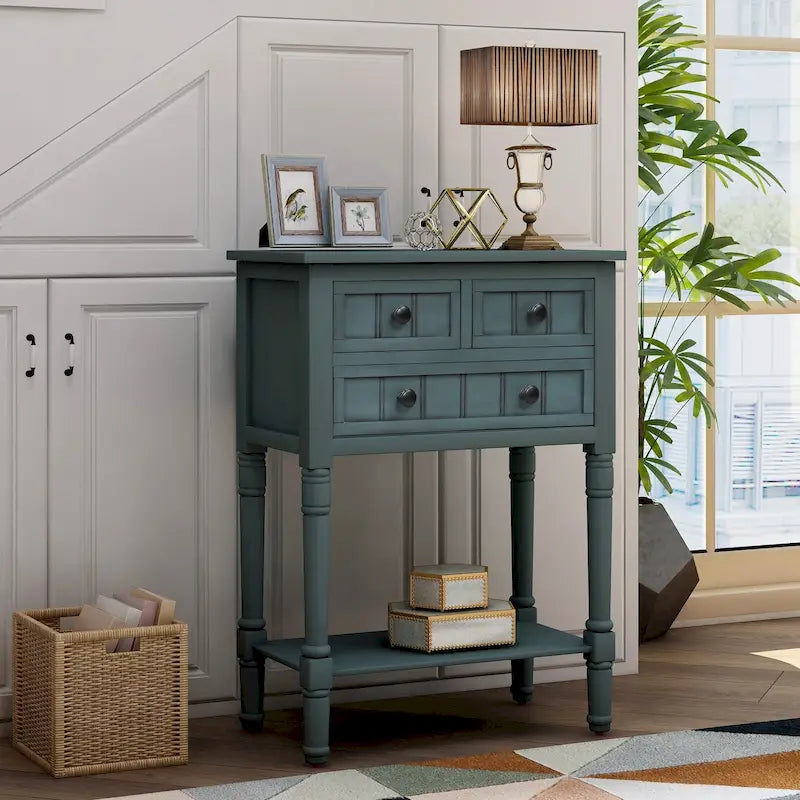 Console étroite Rétro Bleu / Expresso / Gris Lavé / Bleu Marine / Blanc Ivoire avec 3 tiroirs et étagère