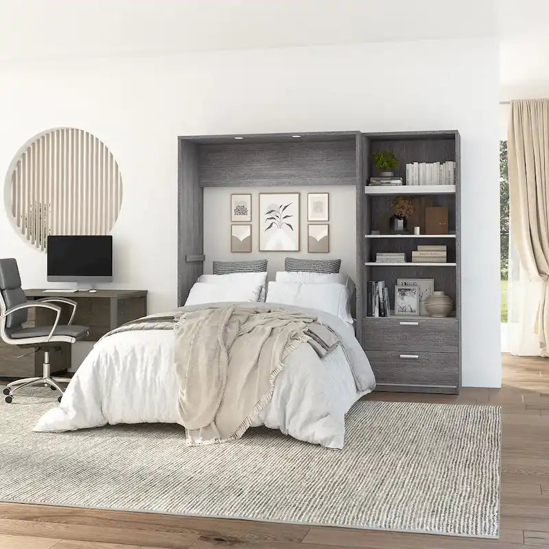 Lit escamotable complet avec organisateur de penderie et lumières LED, chêne tonneau/gris écorce/marron rustique et blanc – 2 personnes, 89" L