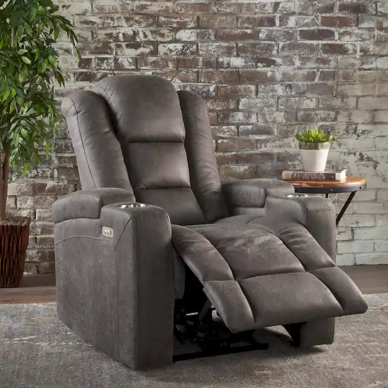 Fauteuil inclinable électrique en microfibre gris ardoise avec port USB et porte-gobelets – 1 place
