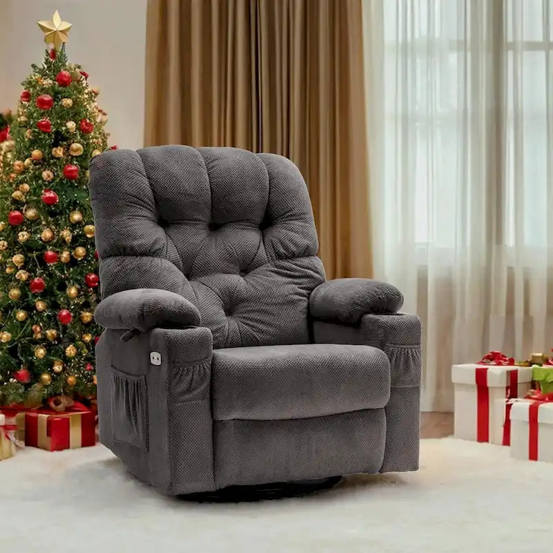 Fauteuil inclinable, pivotant et coulissant électrique en tissu gris/brun/beige avec ports USB – 1 place