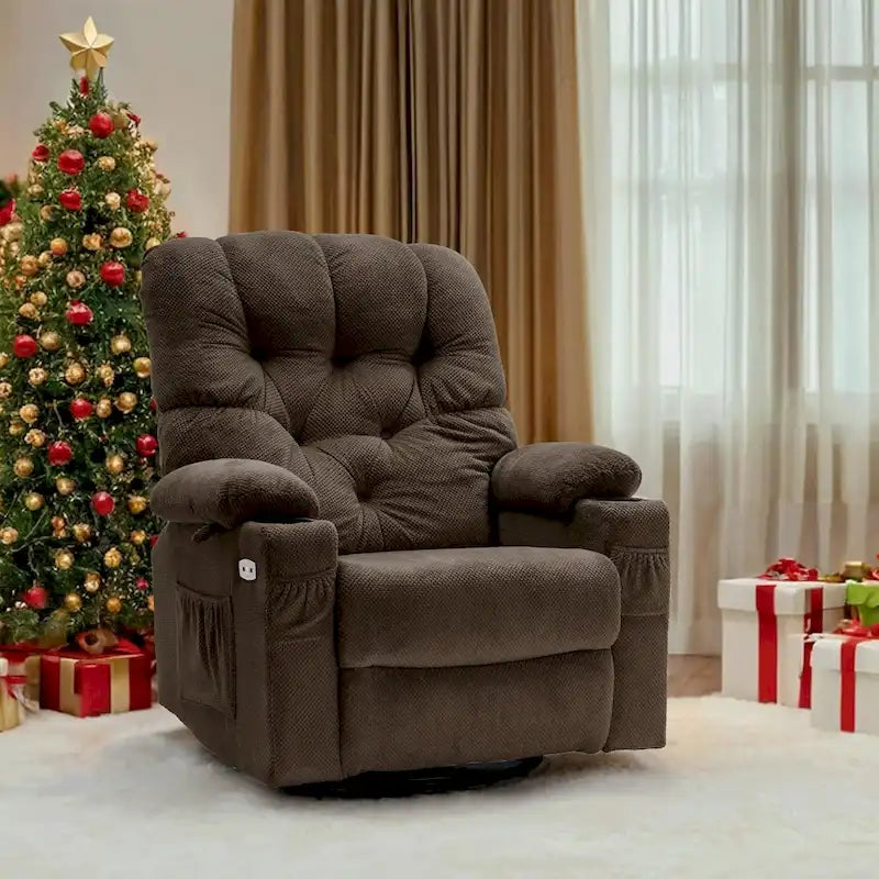 Fauteuil inclinable, pivotant et coulissant électrique en tissu gris/brun/beige avec ports USB – 1 place
