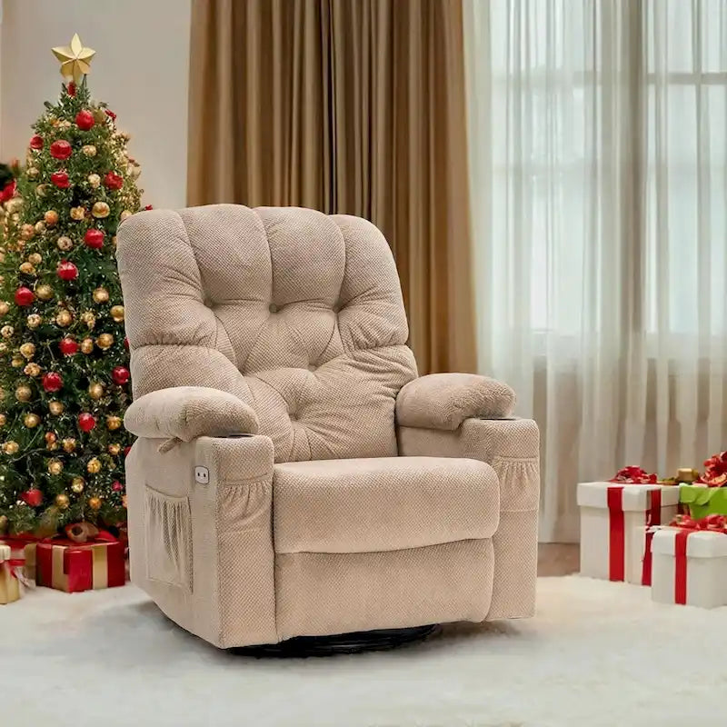 Fauteuil inclinable, pivotant et coulissant électrique en tissu gris/brun/beige avec ports USB – 1 place