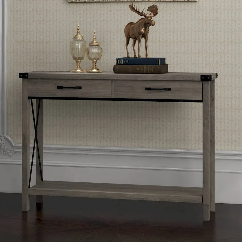 Console de style rustique noire/grise avec 2 tiroirs – Console étroite pour entrée