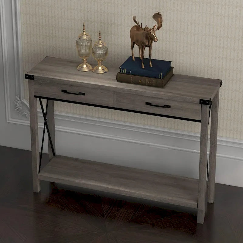 Console de style rustique noire/grise avec 2 tiroirs – Console étroite pour entrée