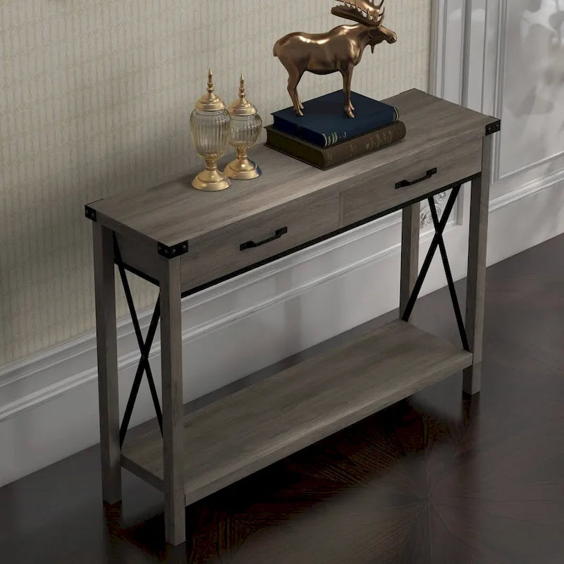 Console de style rustique noire/grise avec 2 tiroirs – Console étroite pour entrée