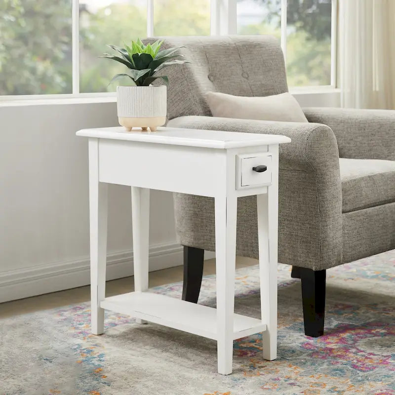 Table d'appoint étroite 1 tiroir et étagère, coloris Noir / Chêne / Noir et Chêne / Blanc