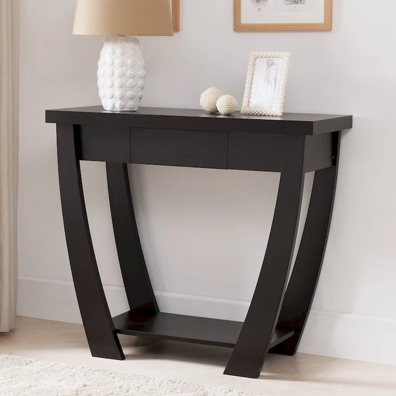 Table console d'entrée courbée Cappuccino / Chêne clair / Noir avec tiroir et étagère