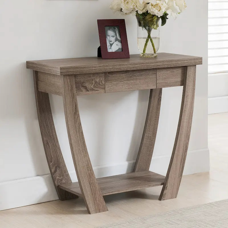 Table console d'entrée courbée Cappuccino / Chêne clair / Noir avec tiroir et étagère