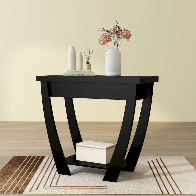 Table console d'entrée courbée Cappuccino / Chêne clair / Noir avec tiroir et étagère