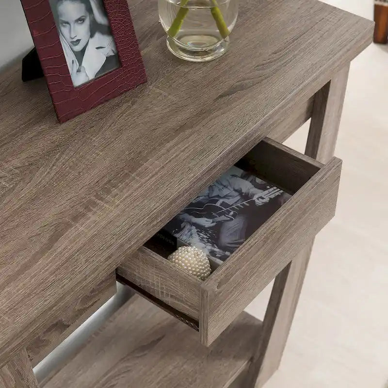 Table console d'entrée courbée Cappuccino / Chêne clair / Noir avec tiroir et étagère