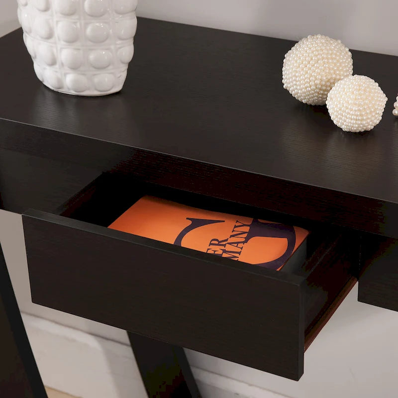 Table console d'entrée courbée Cappuccino / Chêne clair / Noir avec tiroir et étagère