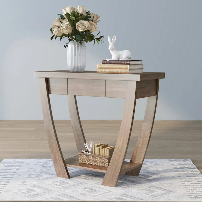 Table console d'entrée courbée Cappuccino / Chêne clair / Noir avec tiroir et étagère