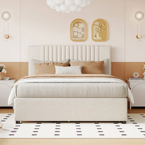 Lit plateforme double rembourré beige avec 2 tiroirs et lit gigogne double – Pour 1 à 2 personnes
