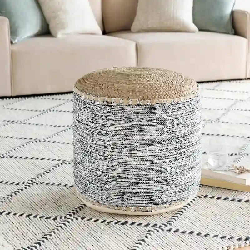 Pouf cylindrique tressé coton et jute noir / marine – 45 cm, pour 1 personne