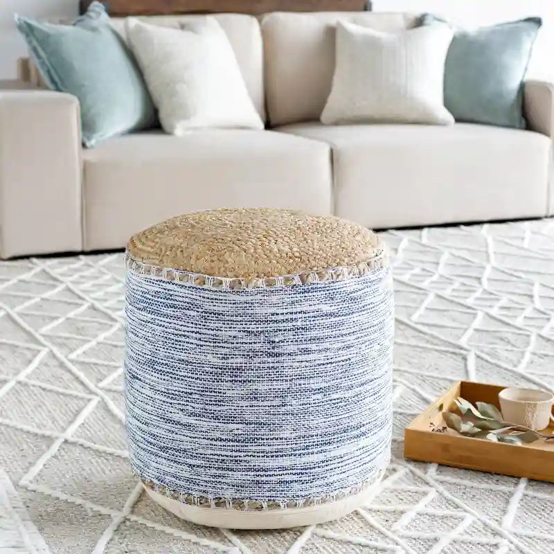 Pouf cylindrique tressé coton et jute noir / marine – 45 cm, pour 1 personne