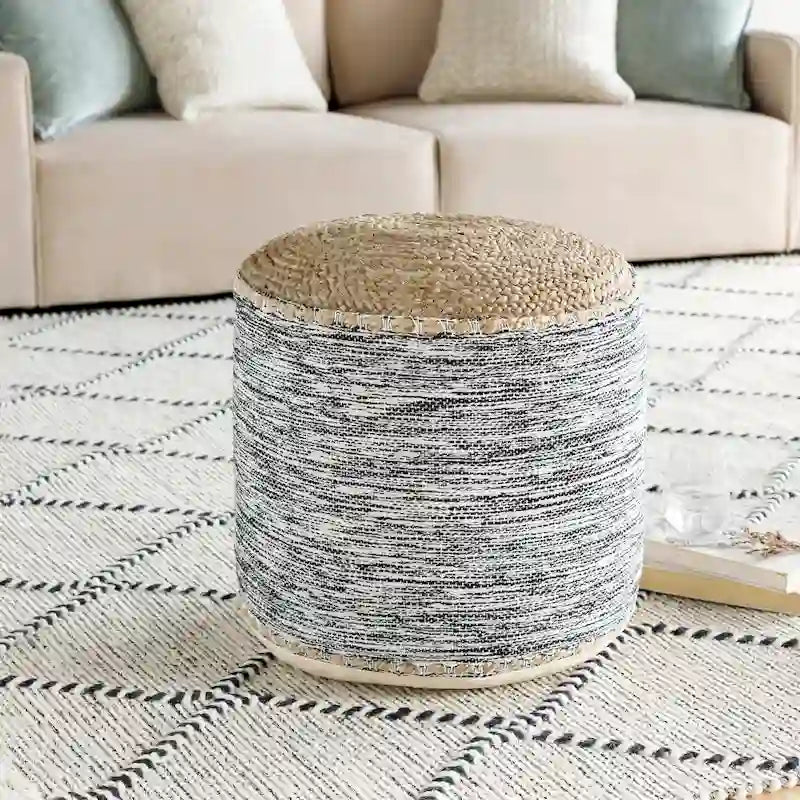 Pouf cylindrique tressé coton et jute noir / marine – 45 cm, pour 1 personne