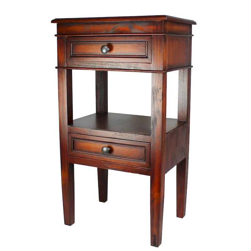 Table d'appoint en bois (marron / blanc vieilli / cerisier / blanc / acajou) avec 2 tiroirs et une étagère