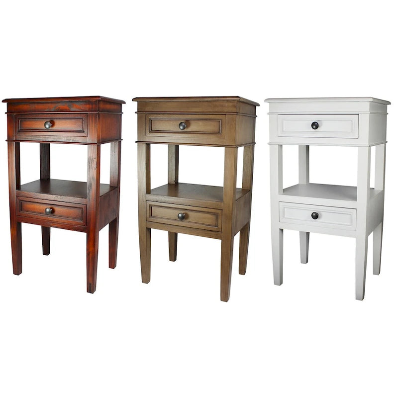 Table d'appoint en bois (marron / blanc vieilli / cerisier / blanc / acajou) avec 2 tiroirs et une étagère