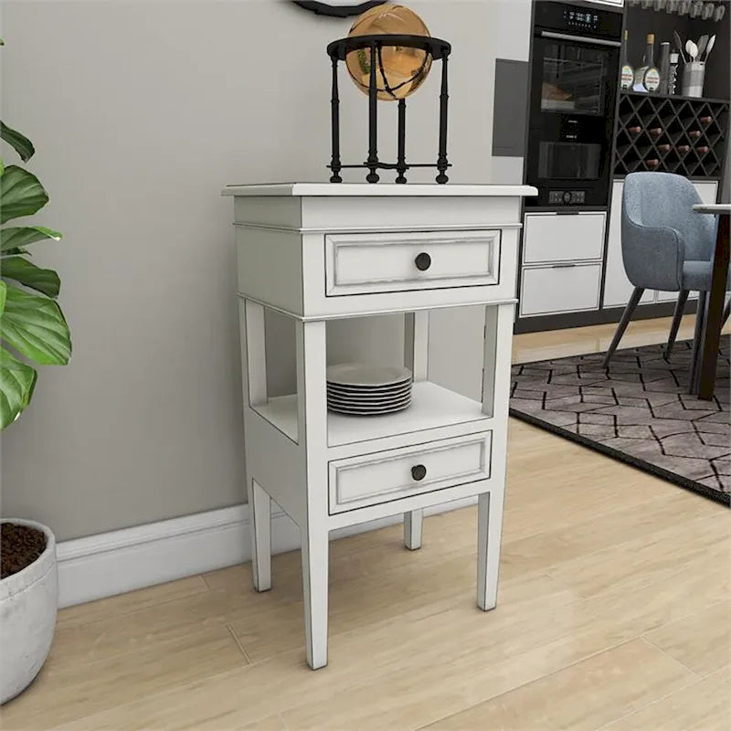 Table d'appoint en bois (marron / blanc vieilli / cerisier / blanc / acajou) avec 2 tiroirs et une étagère