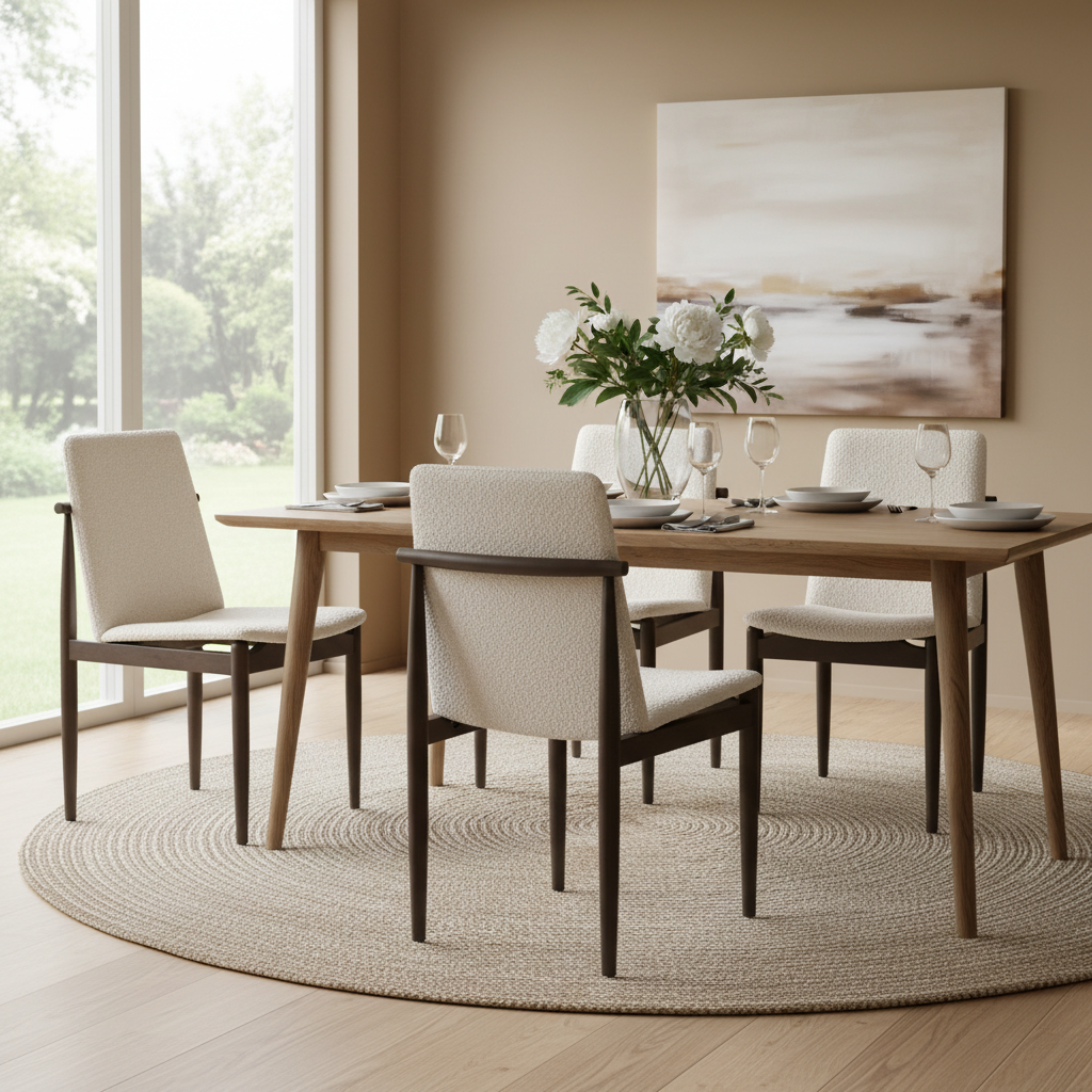 Chaise de salle à manger mi-siècle, couleur expresso/marron clair, avec assise rembourrée en tissu bouclé et cadre en bois massif – Pour 1 personne
