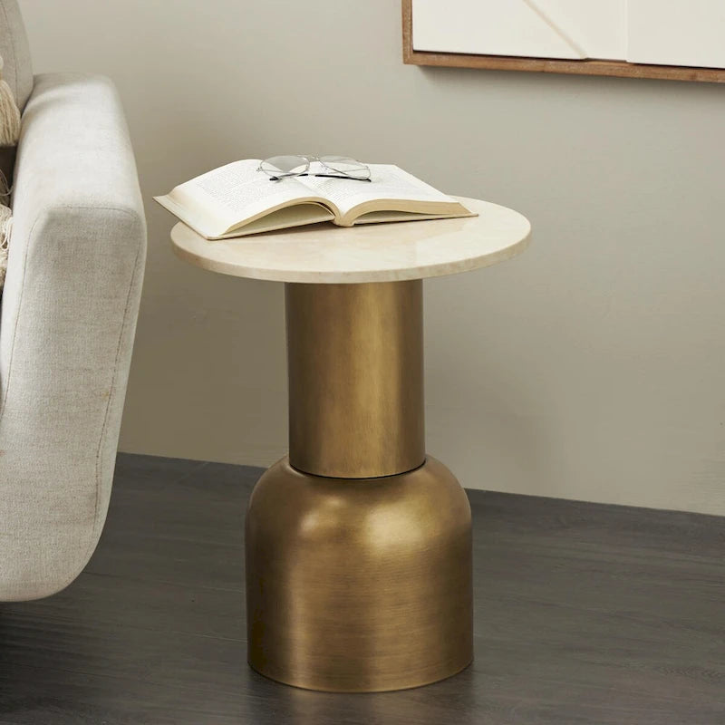 Table d'appoint ronde dorée avec plateau en marbre crème – Pour 1 personne / usage individuel