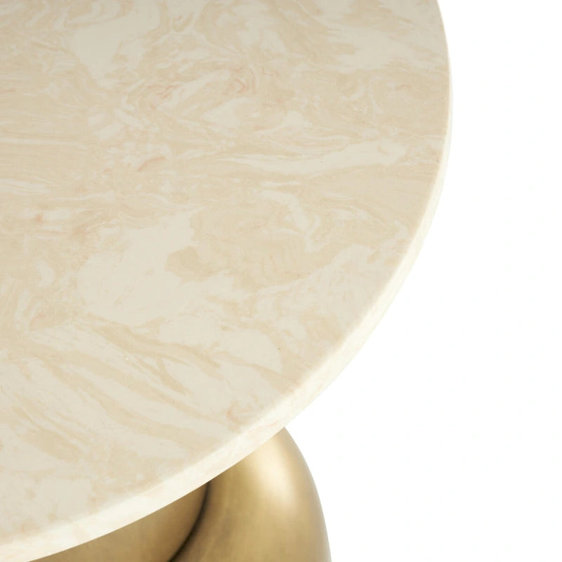 Table d'appoint ronde dorée avec plateau en marbre crème – Pour 1 personne / usage individuel